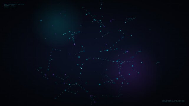 Abstract digital network of connected dots and lines forming an intricate web on a dark blue background with glowing light, creating a mysterious and technological atmosphere.