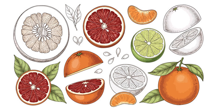 Set of hand drawn citrus fruit illustrations with orange lime and grapefruit slices and leaves