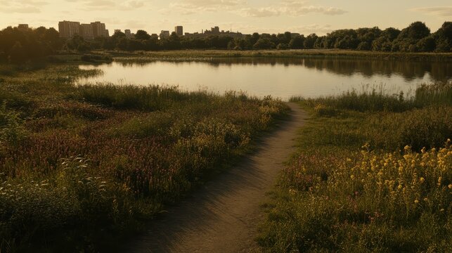 A tranquil lakeside path winds through blooming wildflowers and lush grasses towards a distant cityscape