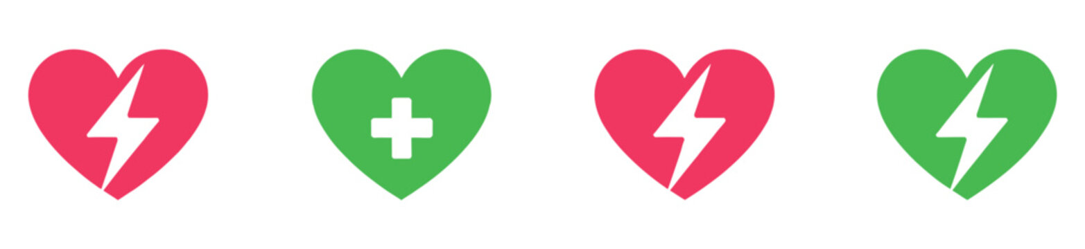 AED emergency defibrillator icon collection, red and green flat vector design, life-saving medical equipment symbol for CPR and healthcare safety signage.

