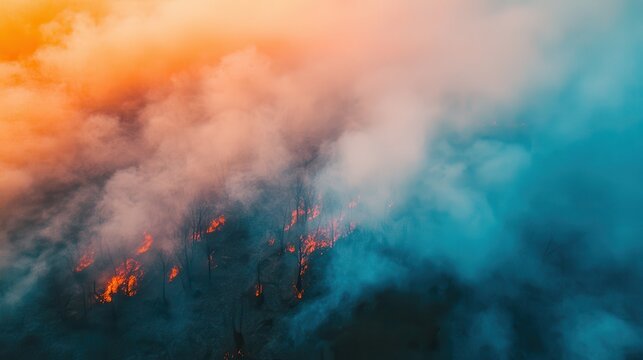Aerial view of a vast forest fire consuming a mountain ridge, shrouded in thick smoke under soft evening light.