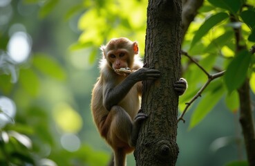 Naklejka premium Macaque monkey clings to tree trunk eating food. Young primate with brown fur in green forest environment. Monkey holds bark, eats with paws, looks around with curious eyes.