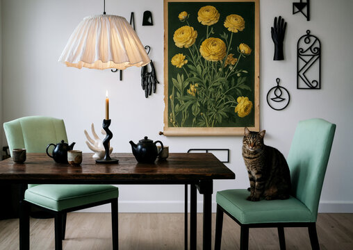 Cat Sitting on Chair Near Table with Tea Set and Candle