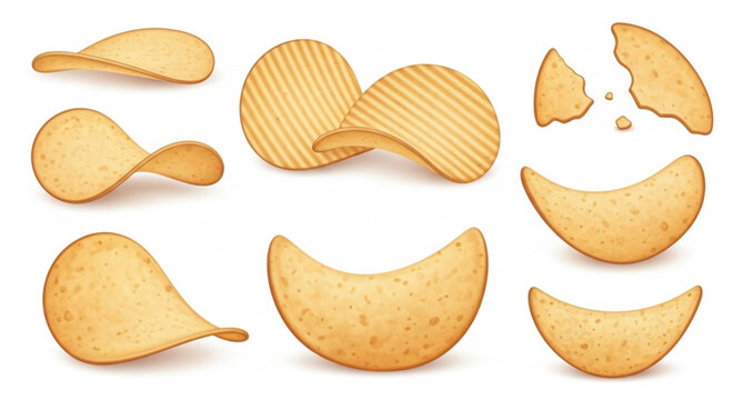 Crispy potato chips assortment top view vector illustration salty snack different shapes isolated on white background