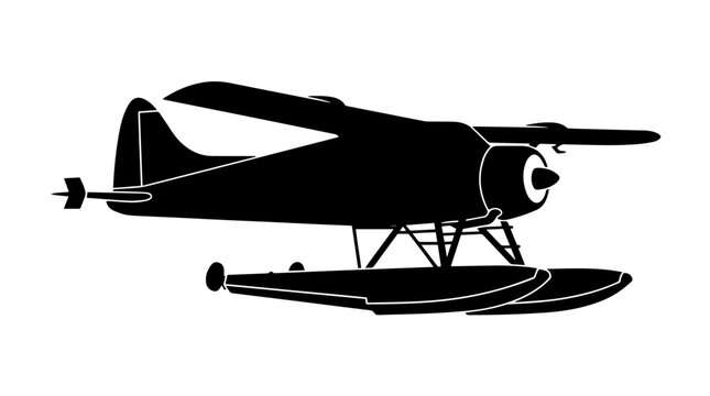 Vector silhouette of seaplane with pontoons and propeller, aviation landmark art