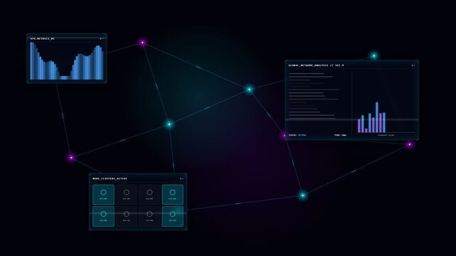 Digital network visualization displaying interconnected nodes and data windows with various graphs and code snippets in a dark, glowing abstract background.