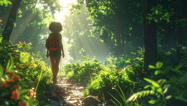 Hiker treads sunlit path through lush, verdant forest