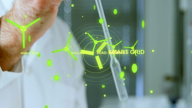 Vertical video: Lab tech placing pipette, drawing liquid while neon energy overlay tracking hands