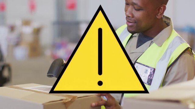 Packing station worker bringing scanner to label aligning for shipping yellow overlay blocking view
