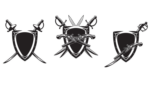 Shields and crossed swords emblem set with guns, medieval pirate style black and white vector badges
