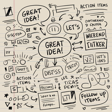 Hand-drawn brainstorming notes on lined paper with "Great Idea" speech bubbles and action items