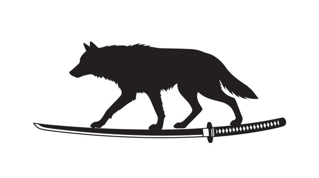 Katana sword with black wolf silhouette illustration for martial arts tattoo and samurai themed designs