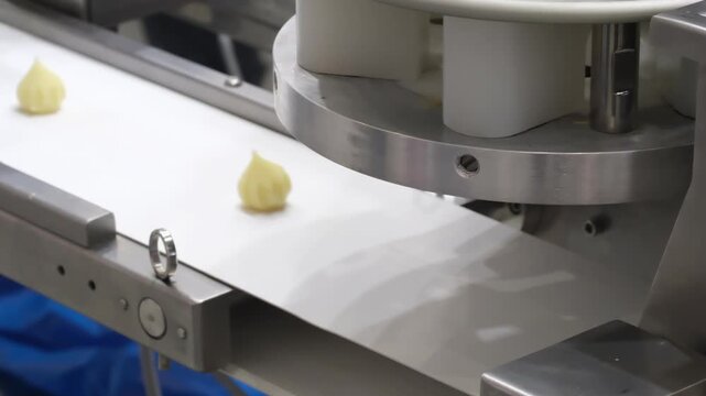 Freshly formed pastry shapes move along a conveyor belt in a modern bakery. The golden-brown dough pieces sit neatly aligned, ready for baking