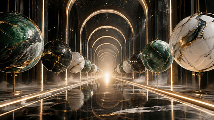 Fototapeta premium Marble globes on gold stands in futuristic tunnel with black marble floor and walls arched ceiling