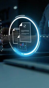 futuristic holographic interface of a file manager, folder structure with documents and data scanning, digital document storage software, cloud database, search and manage documents, paperless office,