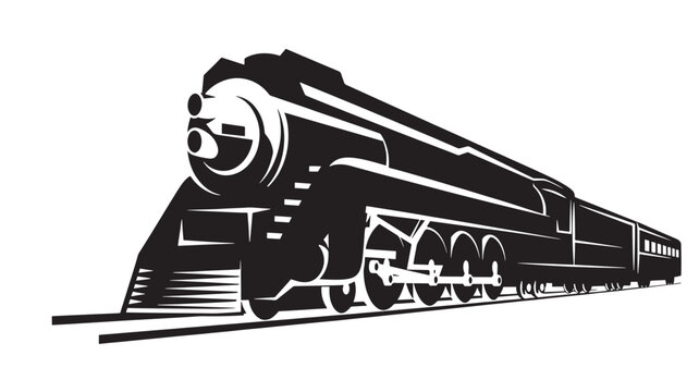 Train locomotive front view with steam style smokestack and wheels, monochrome vector illustration for transportation themes