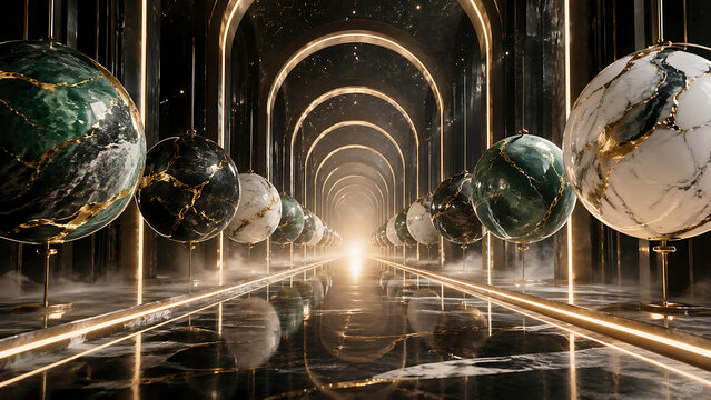 Marble globes on gold stands in futuristic tunnel with black marble floor and walls arched ceiling