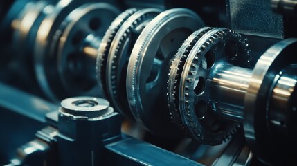 Fototapeta premium Close-up view of intricate industrial machinery gears and components, highlighting precision engineering and manufacturing processes.