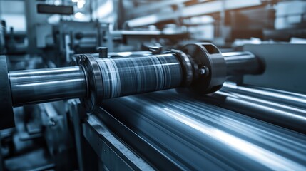 Naklejka premium Close-up view of an industrial offset printing press machine, detailing precise ink application and smooth roller movement in a manufacturing setting.
