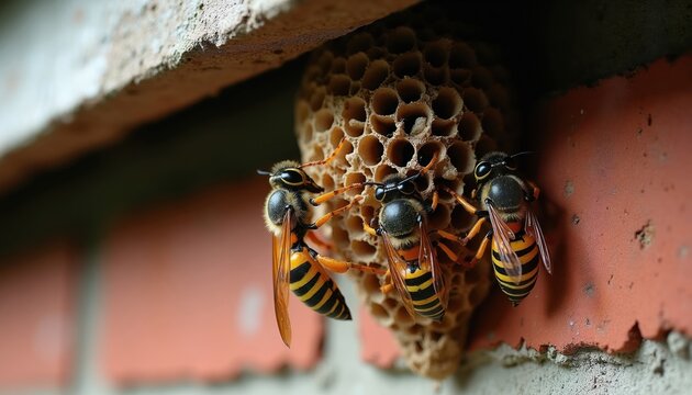 Three wasps build paper nest under house eave. Insects show detailed yellow black stripes, fuzzy bodies, large eyes, wings. They work together on honeycomb structure.