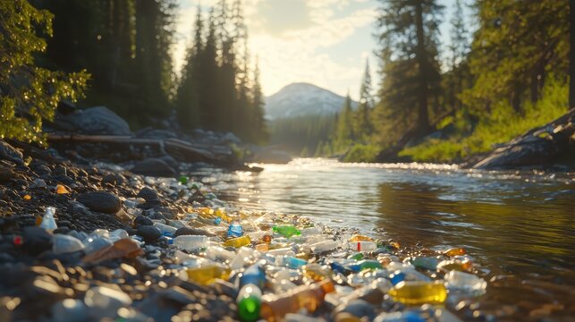 Discarded plastic bottles litter the gravelly banks of a flowing river in a sunlit forest setting