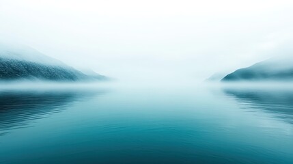 Fototapeta premium Misty River Landscape with Hazy Hills and Gentle Light Creating a Dreamlike Atmosphere