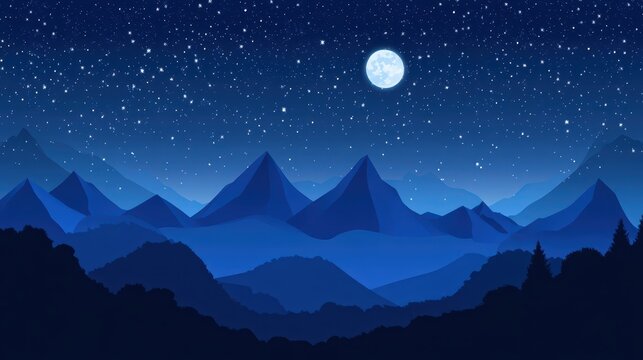 Majestic mountain range under a vibrant star-filled night sky with a glowing moon