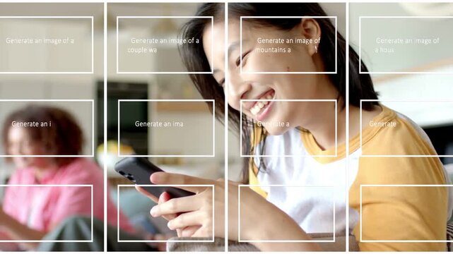 Woman in yellow raglan tapping phone scrolling multiplying binary UI tiles into icon tiles for tech