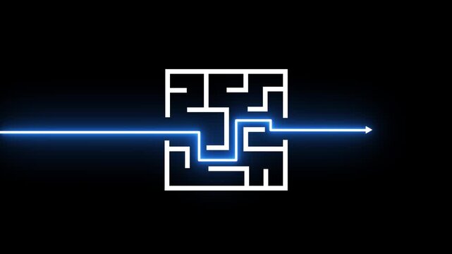 Glowing neon arrow looping breaking through the maze on blue background.4k video