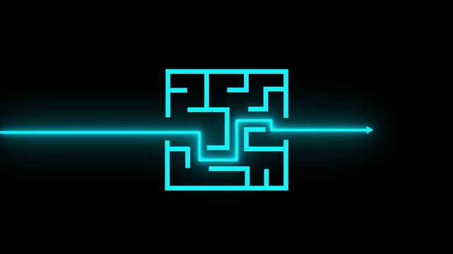Glowing neon arrow looping breaking through the maze on blue background.4k video