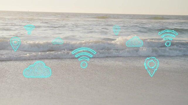 Single cyan Wi-Fi icon popping near shore, icons floating outward and forming coverage layer