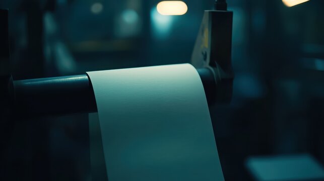 Industrial paper roll feeding into a large printing press, highlighting crisp texture and detailed surface.