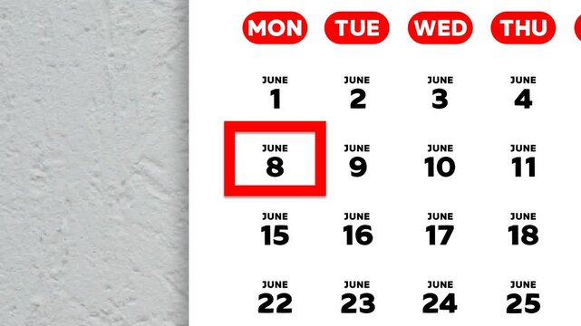 The date June 8th marked with a red cursor on the wall calendar 2026