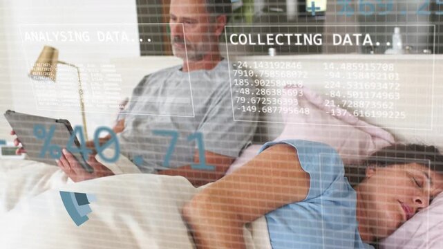 Man tapping tablet and woman sleeping in bed, HUD charts expanding, shifting left, analysing sleep