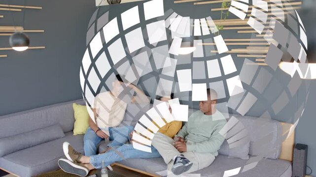 3 men sitting gray sofa mid tapping phone causing spinning sphere overlay masking them showing tech