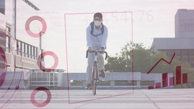 Male commuter riding bicycle toward camera causing data globe charts overlay showing urban commute