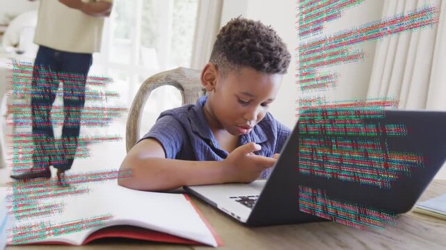 Boy tapping phone, causing code text scrolling across laptop, parent walking behind, studying notes