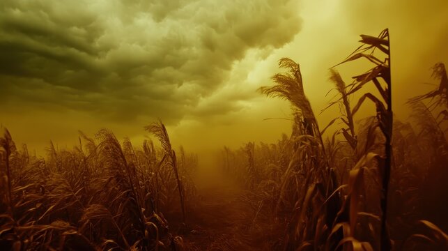 Ominous severe thunderstorm impacting a rural field with strong winds causing visible damage to crops under a dark, turbulent sky.