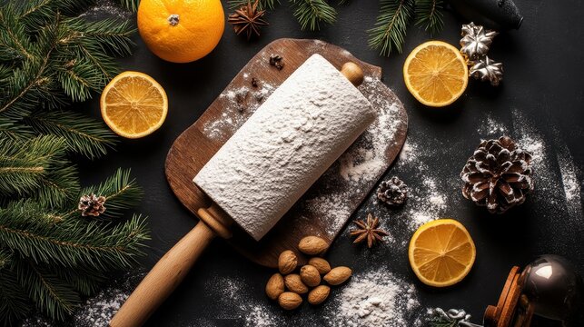 Overhead view of Christmas baking preparation with flour-dusted rolling pin on a wooden board surrounded by festive ingredients