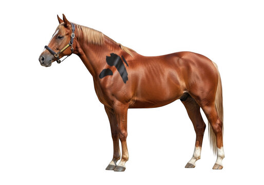 A brown horse standing calmly with a harness and saddle isolated on transparent background