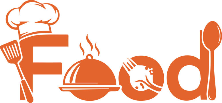 Orange food logo with chef hat and utensils
