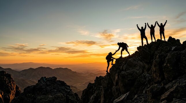 Group of people on peak mountain climbing helping team work , travel trekking success business concept. Silhouette of a business team helping each other climb a mountain peak with copy space