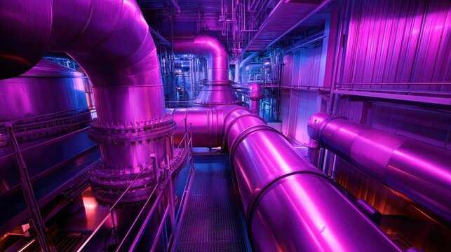 Vast industrial manufacturing facility with interconnected pipes and vibrant purple lighting