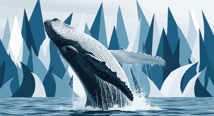 Majestic humpback whale breaching from the ocean surface, a breathtaking display of marine life and nature's power, set against abstract blue icy peaks © john