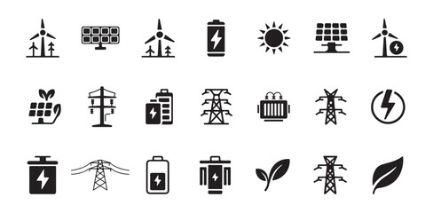 Clean energy source icons with solar panels and wind farms. © FARJANAAKTER