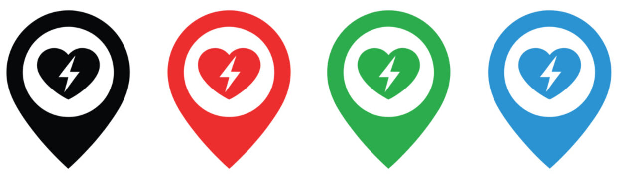 Automated external defibrillator (AED) emergency icon set, heart and lightning bolt medical rescue symbols, bold flat vector design for healthcare, CPR, and life-saving signage.
