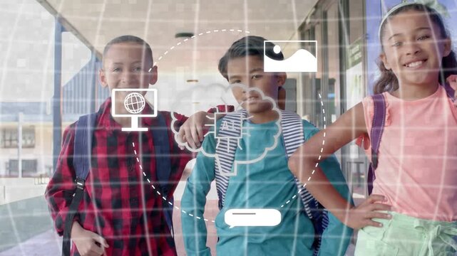 Children posing by lockers, grid appearing, cloud and AI icons surrounding, showcasing edtech