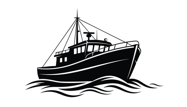 Fishing trawler boat silhouette vector sailing on wavy water