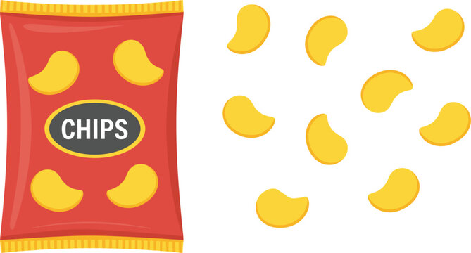 Potato Chips Snack Bag with Scattered Crisps in Flat Style for Food, Junk Food, and Snack Brand Packaging Design Projects