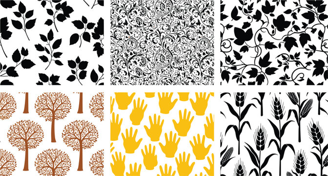 Collection of seamless patterns featuring black floral silhouettes damask swirls brown autumn trees yellow handprints and wheat stalks